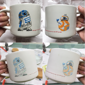 Mug painted with BB8 and R2D2, before and after